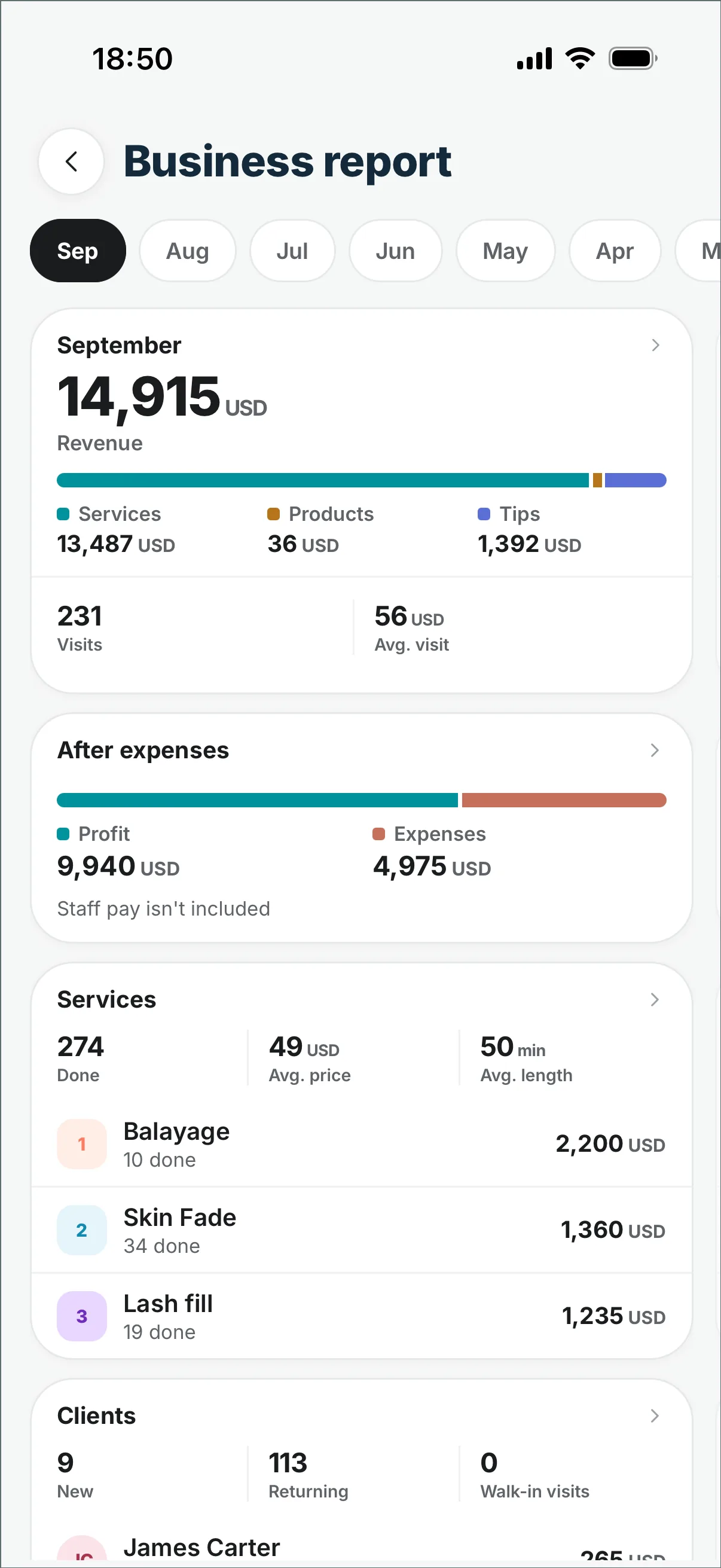 The DaySync app, Business report: revenue, appointments and clients