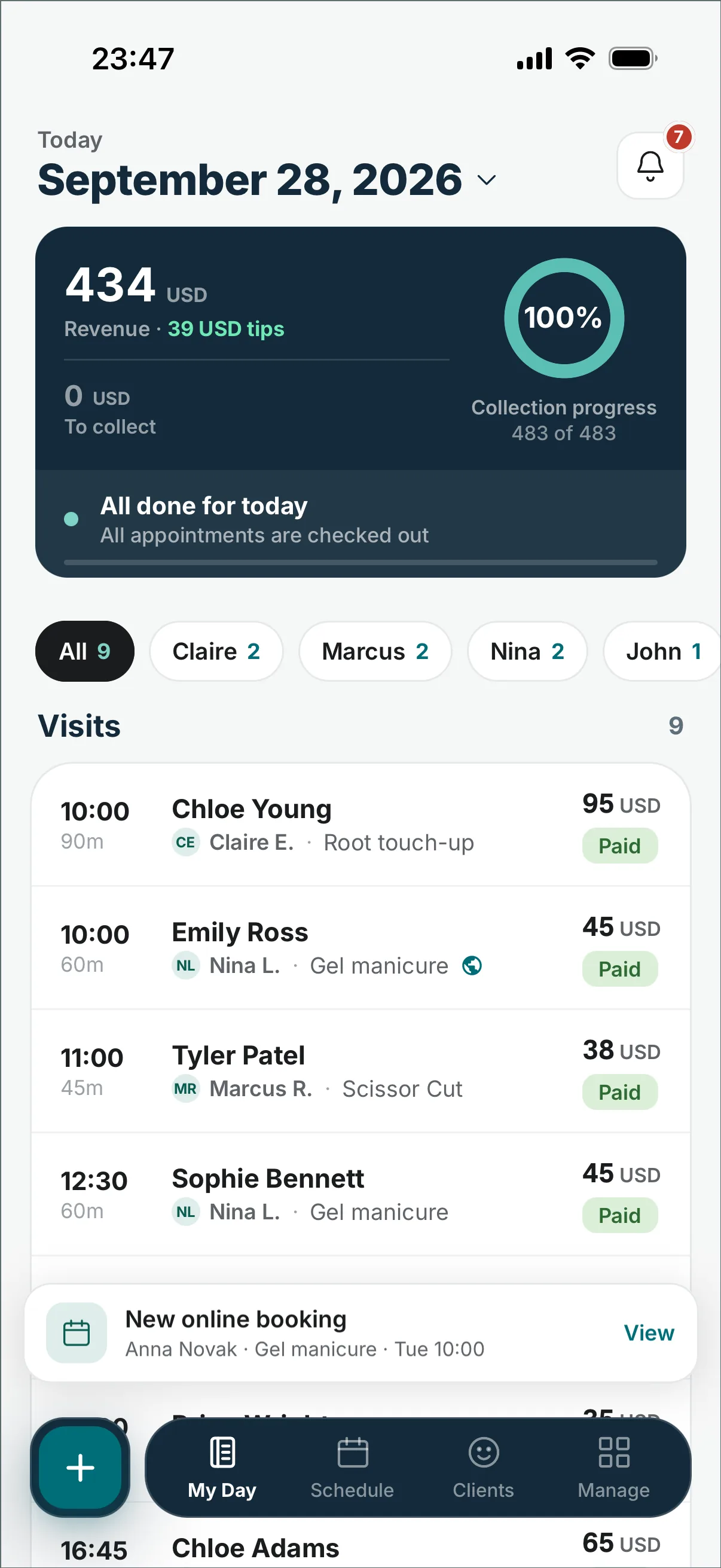 The DaySync app, My Day with a notification about a new booking