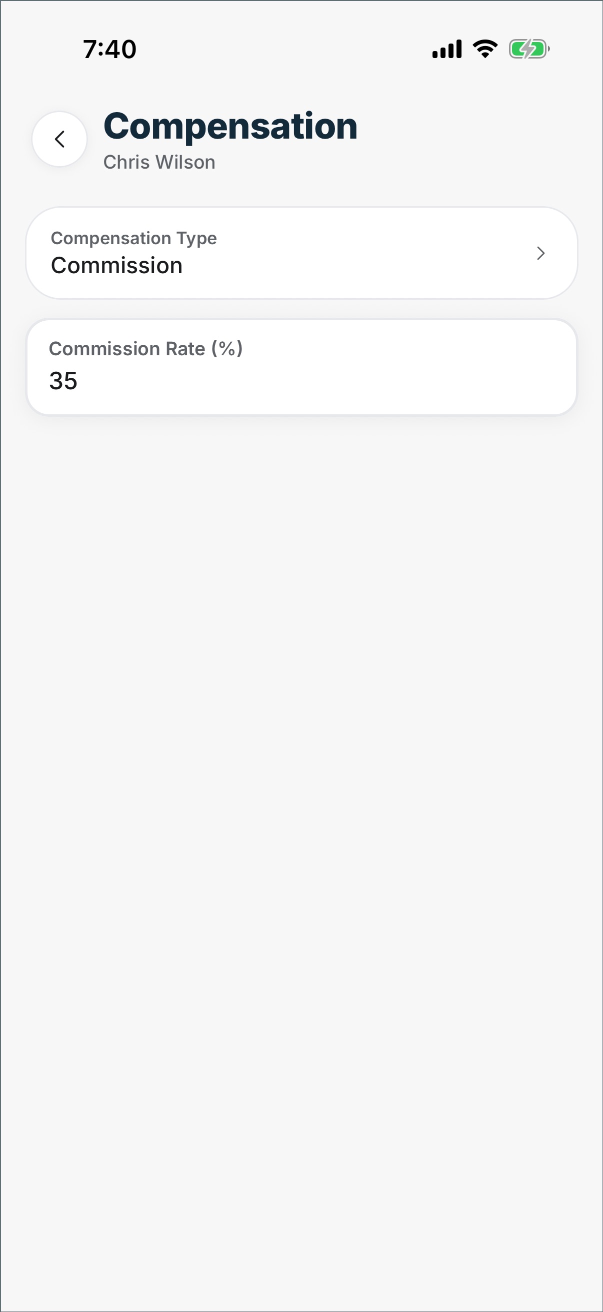 The real DaySync compensation screen: a team member's terms — commission percentage, set once