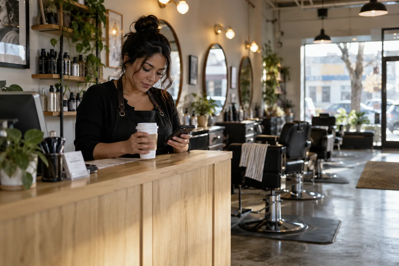 A salon owner at the reception counter before opening, coffee in hand