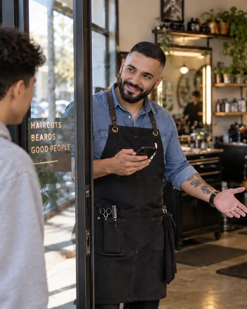 A barber at the door with his phone, showing a walk-in to a free chair