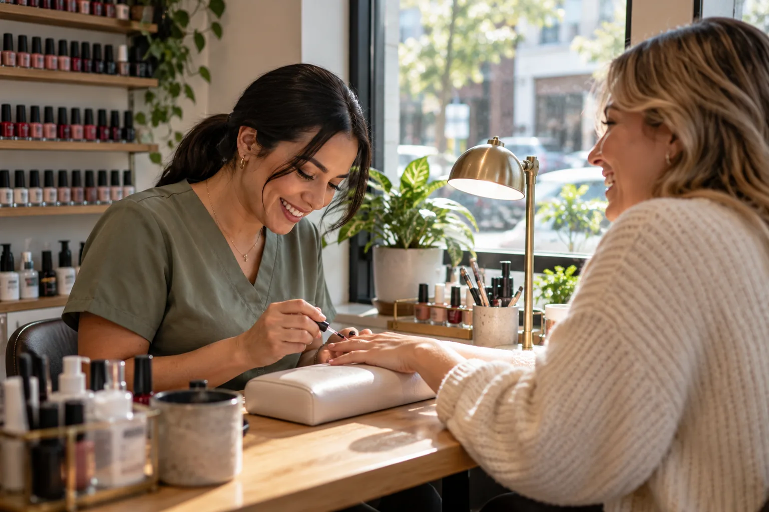 A nail technician painting a client’s nails by the window, both laughing
