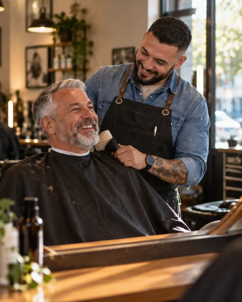 A regular client smiling in the mirror as his barber finishes the cut