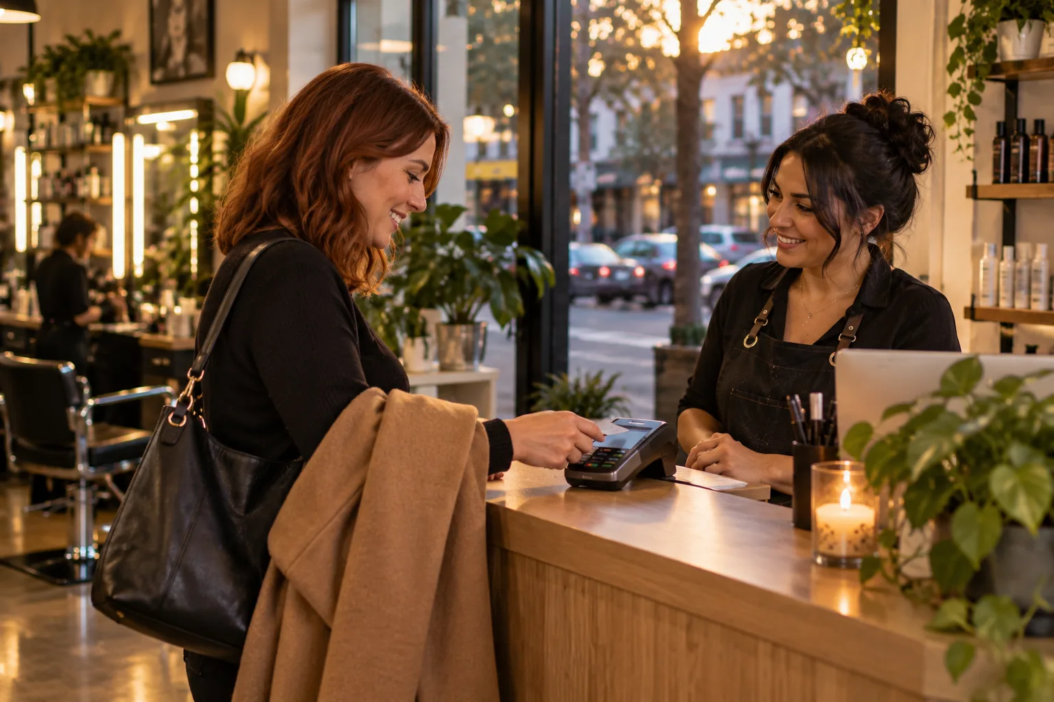 A client paying by card at the salon counter in the evening